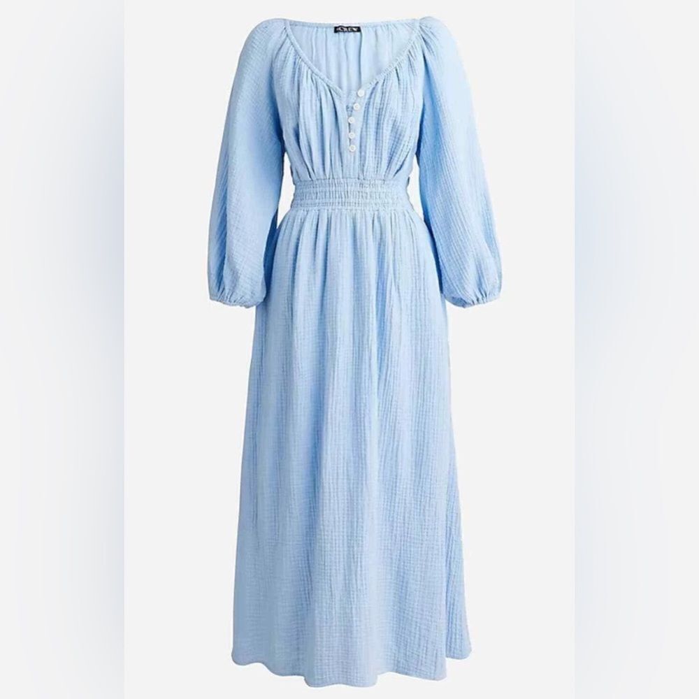 J. CrewV-Neck Midi Dress Puff Sleeve Soft Gauze Dress